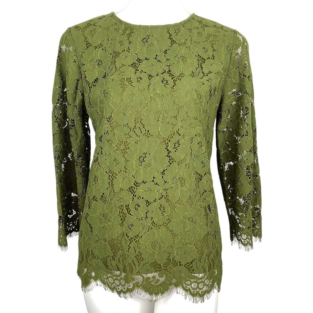 Ann Taylor Womens XS Olive Green Floral Lace Blouse Sheer 3/4 Sleeve Scallop Hem